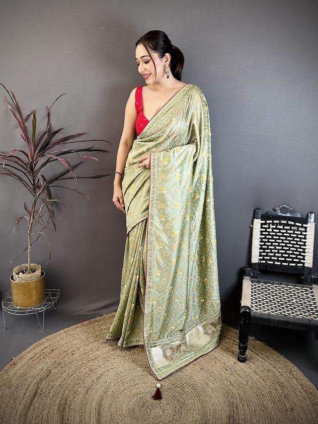 Elora Sage Green Vichitra Silk Animal Motifs Foil Print Sequence Embroidery Work Bandhani Saree