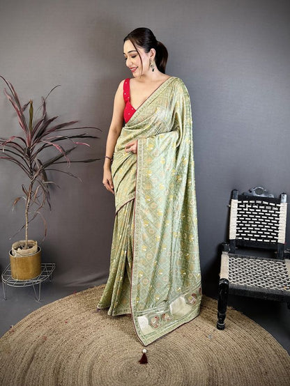 Elora Sage Green Vichitra Silk Animal Motifs Foil Print Sequence Embroidery Work Bandhani Saree