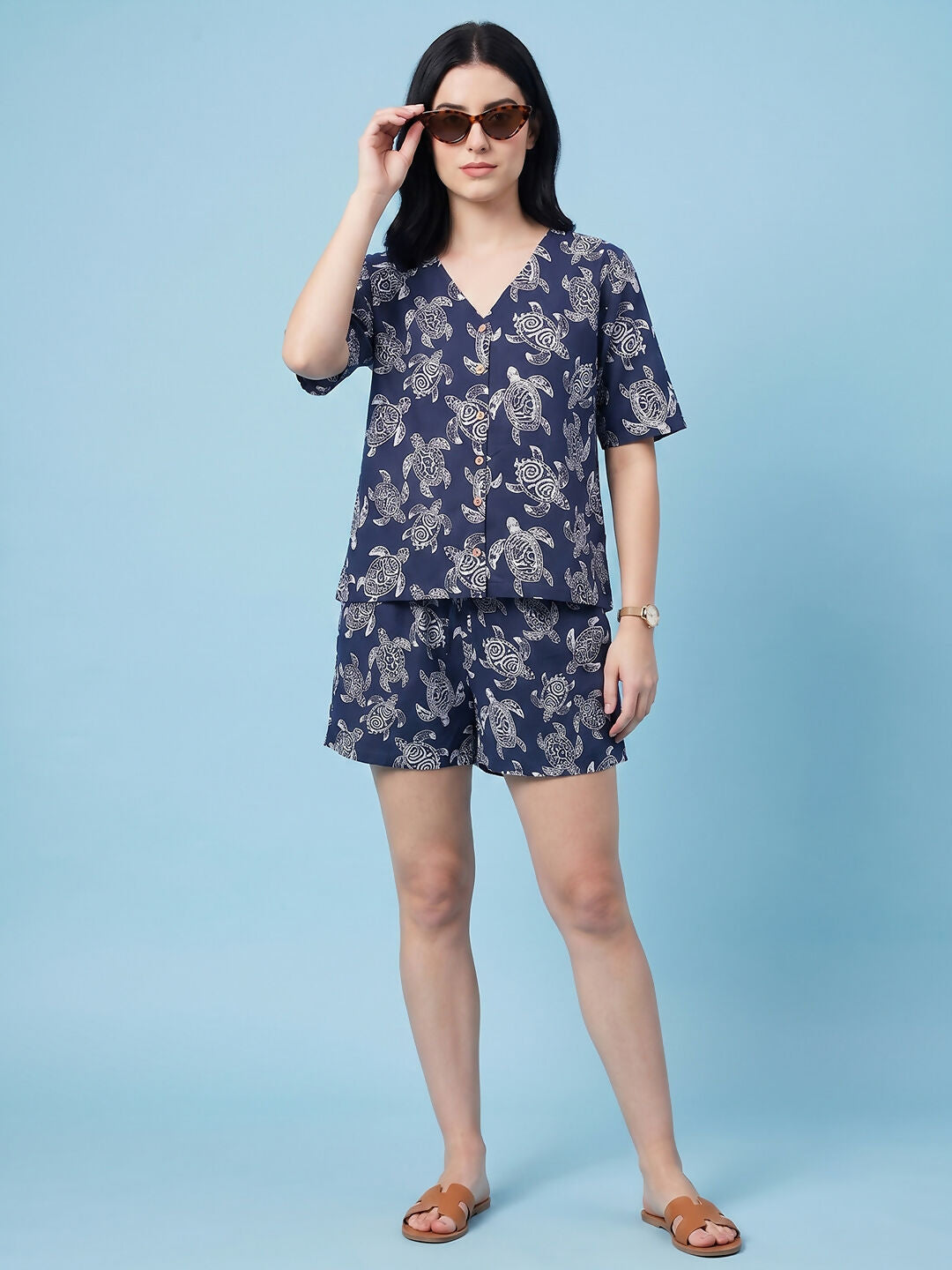 Breathables Woven Cotton Half Sleeves Turtle Shorts Set Blue