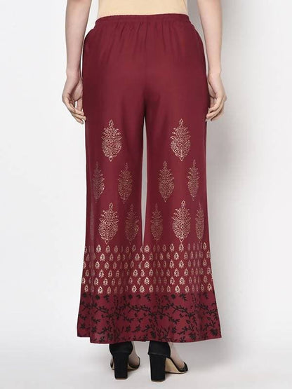 Aniyah Rayon Maroon Color Block Print Flared Slip-On Palazzo (AN-183K)