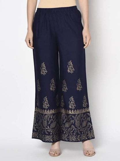Aniyah Rayon Navy Blue Color Block Print Flared Slip-On Palazzo (AN-211K)