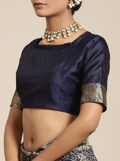 Saree Mall Navy Blue & Gold-Toned Ethnic Motifs Zari Silk Blend Banarasi Sarees