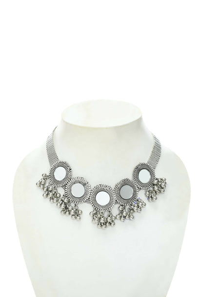Mominos Fashion Johar Kamal Silver-Plated Brass Finish Mirror Work Women Choker