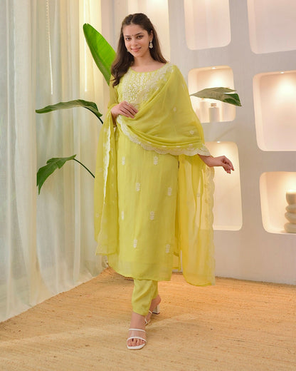 The52 Lemons Women's Beautiful Chikankari Work Chanderi Fabric Straight Kurta Pant and Dupatta Set