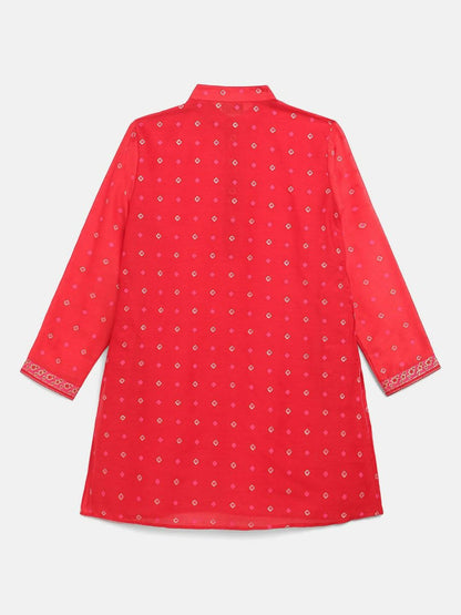 Ahalyaa Red Chnaderi Gold Khari Print Kids Kurta Churidar Set For Boys