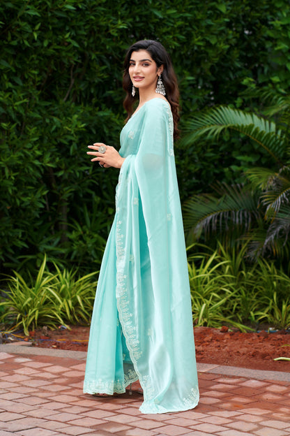 Vastranavya Turquoise Embroidery Work Shimmer Chiffon Saree with Unstitched Blouse