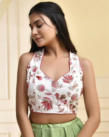 Amodini Designer Studio Floral White Halter Neck Sequined Blouse