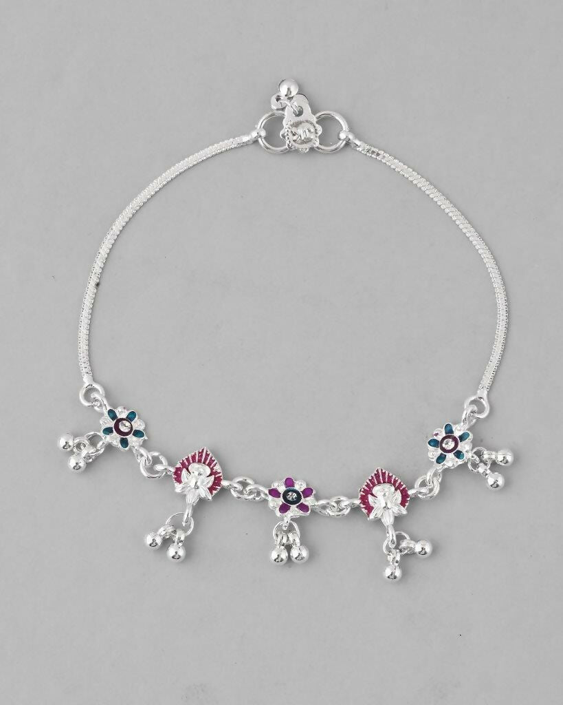 VOJ Set of 2 Silver Plated Designer Multi Color Anklet