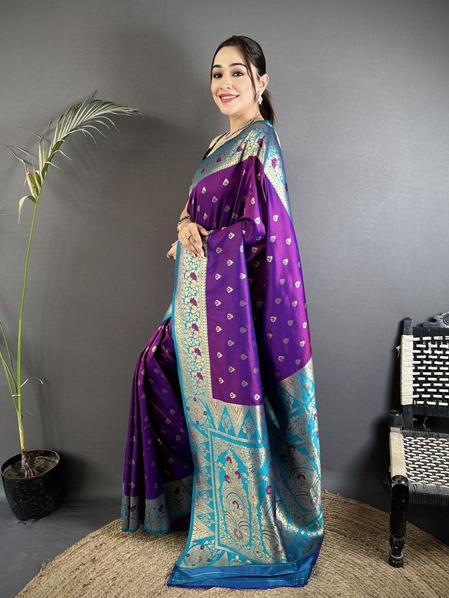 Elora Purple Soft Silk Intricate Motifs Zari Weaving Banarasi Saree With Contrast Weaving Border