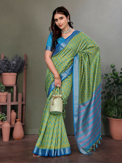 Joban Fashion Parrot Green Plain Banarasi Silk Sarees