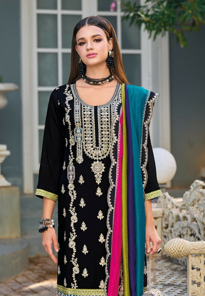 Anaita Black Premium Embroidered Chinon Stitched Salwar Suit