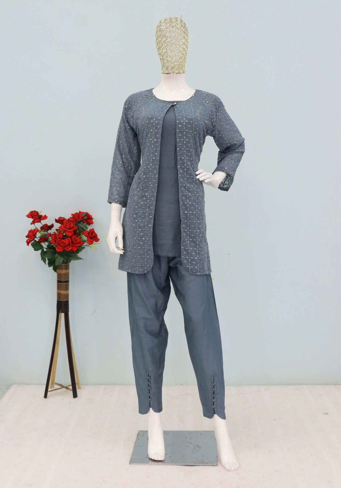 Anaita Grey Faux Georgette Readymade 2 Piece Set with Embroidery Work
