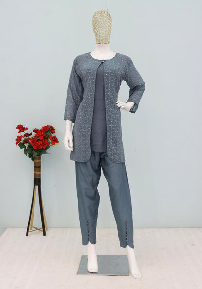 Anaita Grey Faux Georgette Readymade 2 Piece Set with Embroidery Work