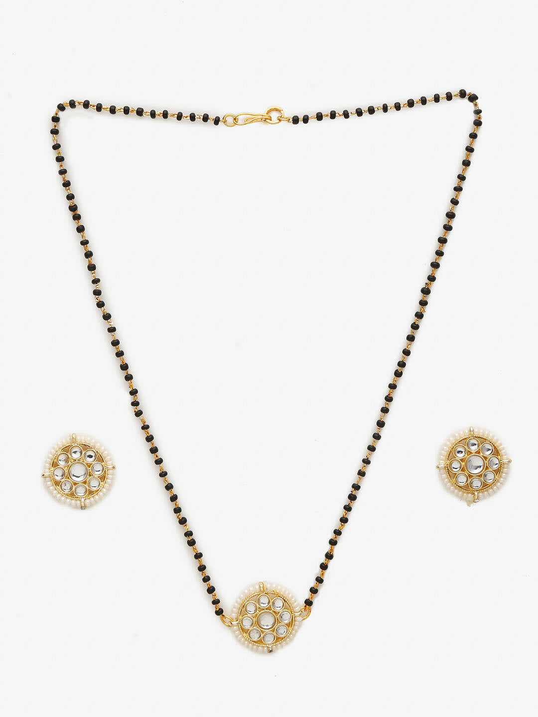 Gold-Polished Black Kundan Beaded Mangalsutra With Studs - Ruby Raang