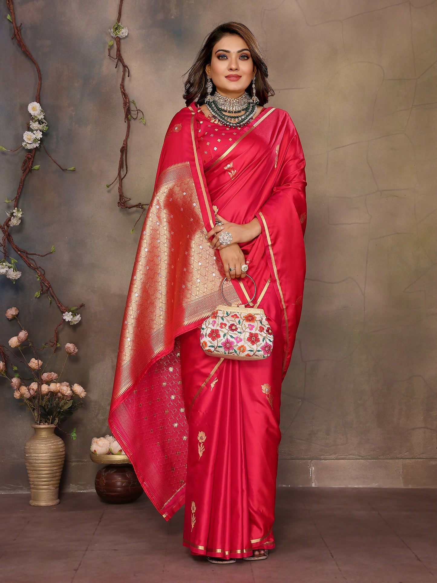 Joban Fashion  Brick Red Floral & Botanical Motifs Satin Silk Banarasi Silk Saree