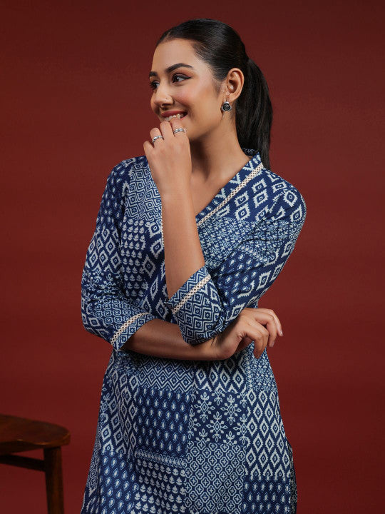 Anayna Geometric Printed V-Neck Pure Cotton Straight Kurta