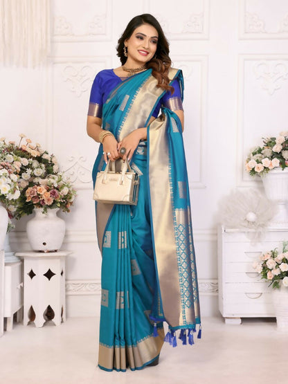 Anaita Blue Soft Silk With Zari Weaving Borders Saree With Blouse
