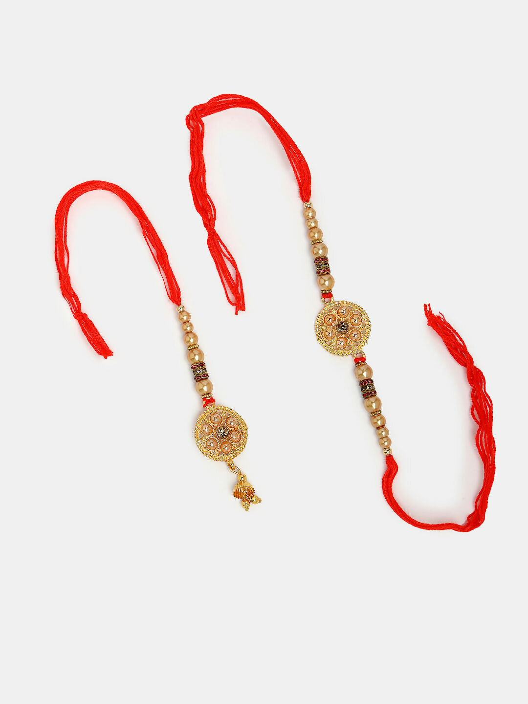 NVR Women & Men Set of 2 Gold-Toned Stone-Studded & Beaded Bhaiya Bhabi Rakhi With Roli Chawal