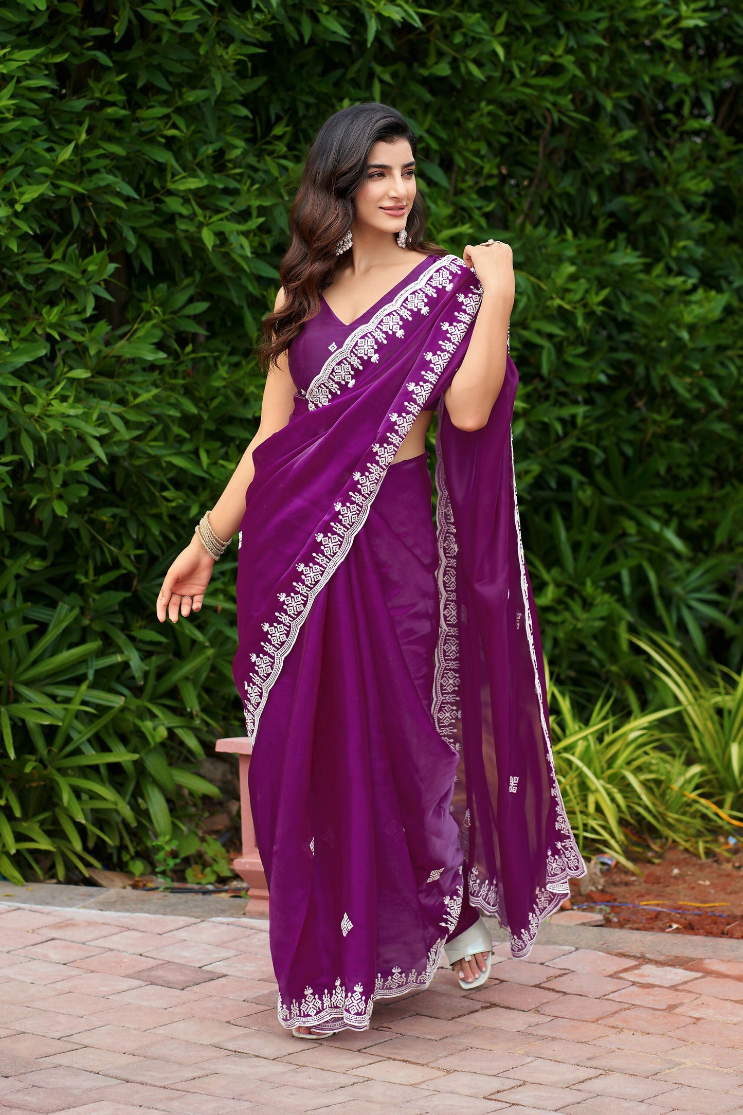 Vastranavya Purple Embroidery Work Shimmer Chiffon Saree with Unstitched Blouse