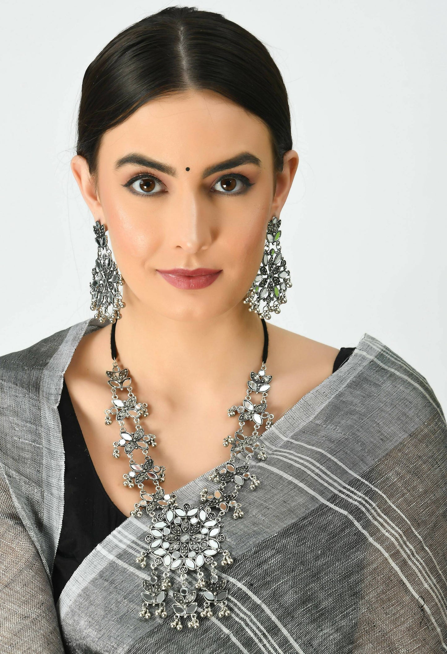 Mominos Fashion Johar Kamal Oxidised Silver-Plated Mirror Work Long Necklace Set