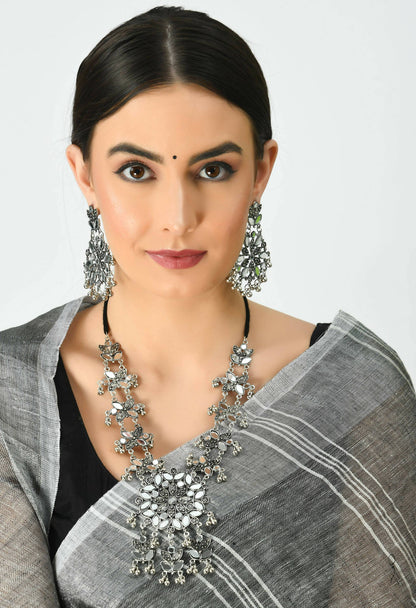 Mominos Fashion Johar Kamal Oxidised Silver-Plated Mirror Work Long Necklace Set