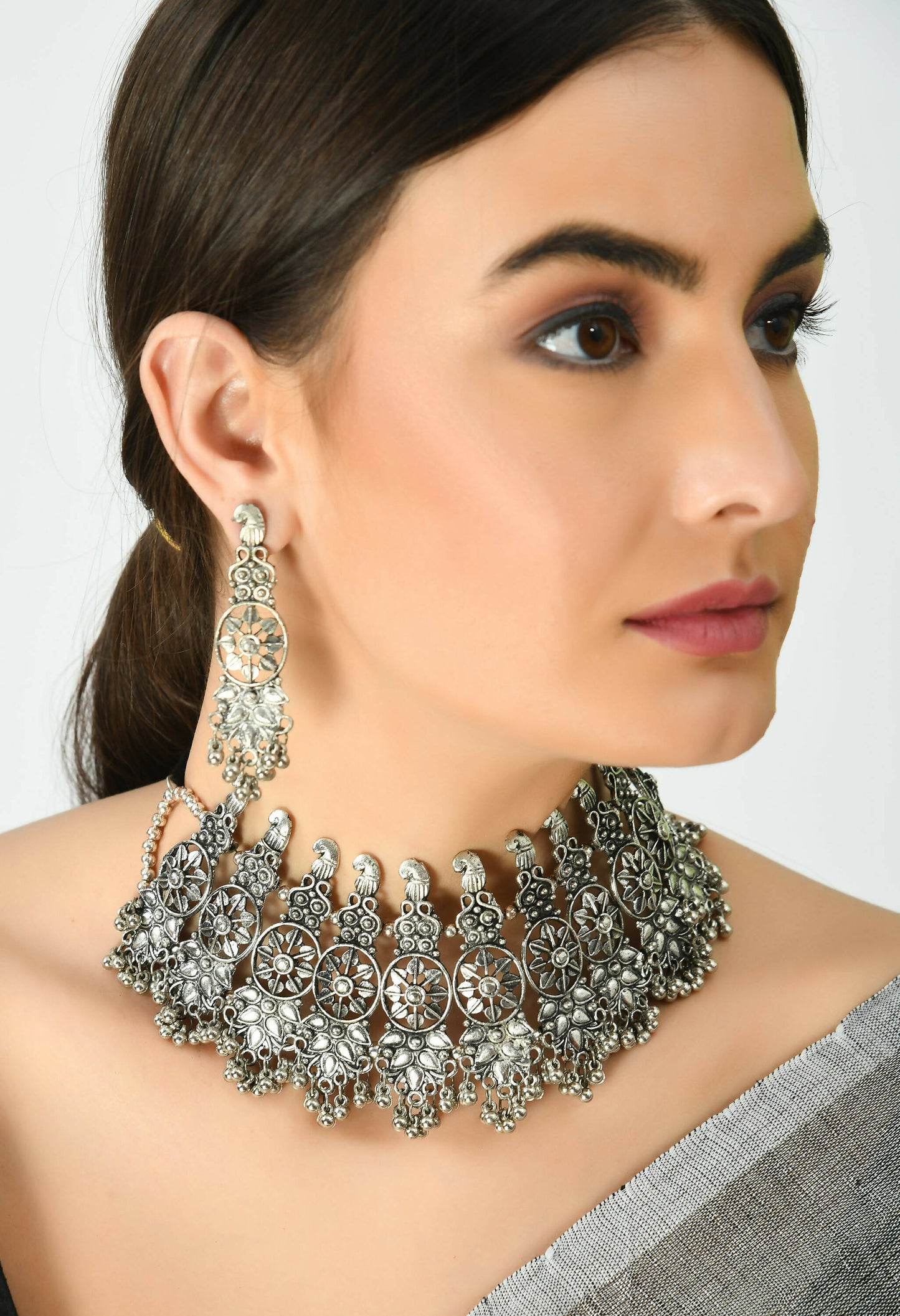 Mominos Fashion Johar Kamal Oxidised Silver-Plated Brass Finish Temple Jewellery with Earrings For Women