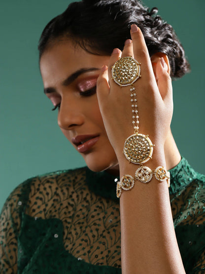 Women's Gold-Toned White Brass Kundan Gold-Polished Charm Bracelet - Ruby Raang