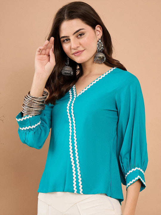 Sangria Women Solid V-Neck Puff Sleeve Top
