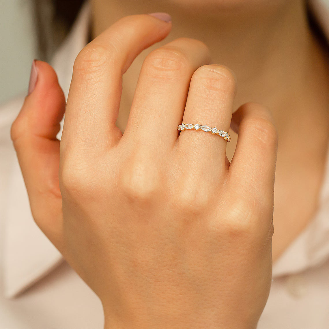 14k Solid Gold Marquise Band Ring, Unique Marquise Ring, Half Eternity Marquise Moissanite Wedding Band, Vintage Wedding Band Stacking Ring
