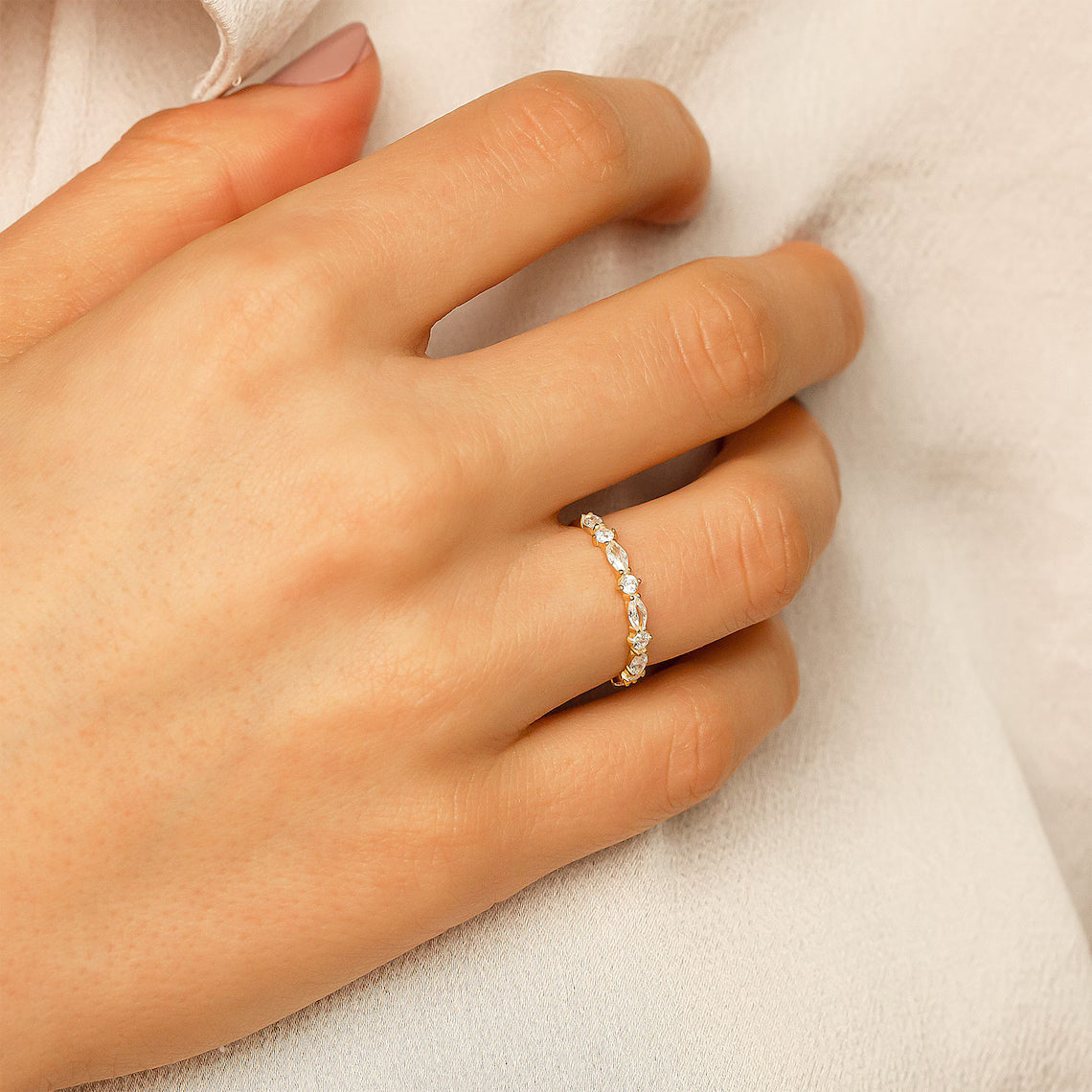 14k Solid Gold Marquise Band Ring, Unique Marquise Ring, Half Eternity Marquise Moissanite Wedding Band, Vintage Wedding Band Stacking Ring