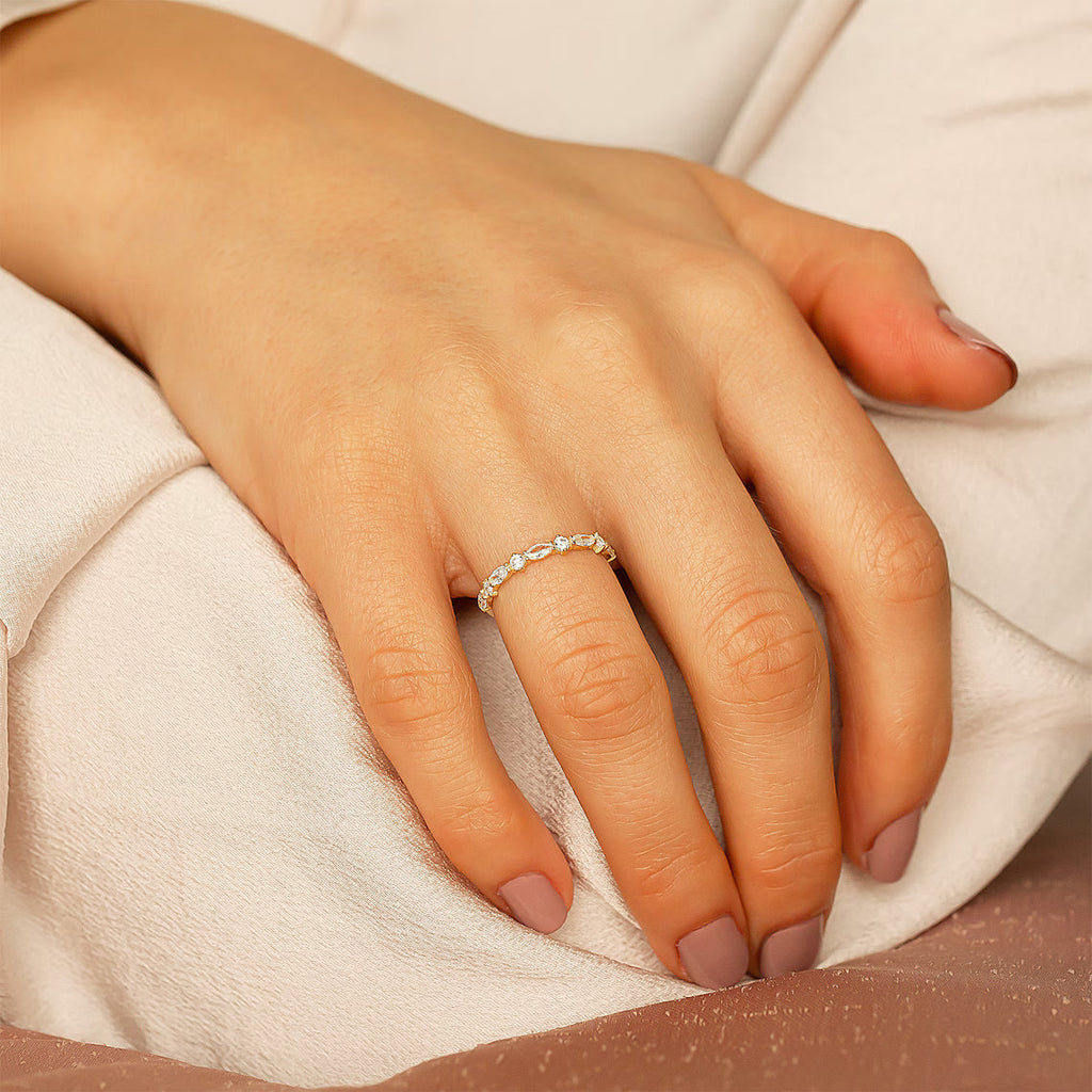 14k Solid Gold Marquise Band Ring, Unique Marquise Ring, Half Eternity Marquise Moissanite Wedding Band, Vintage Wedding Band Stacking Ring