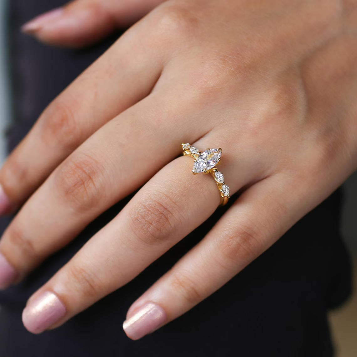 Marquise Moissanite Engagement Ring, 14K Gold Hidden Halo, Promise Ring