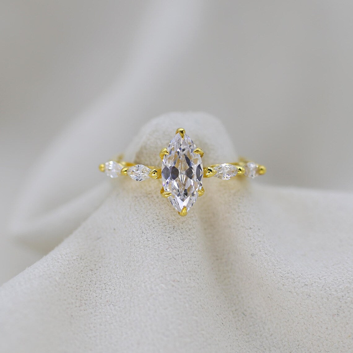 Marquise Moissanite Engagement Ring, 14K Gold Hidden Halo, Promise Ring