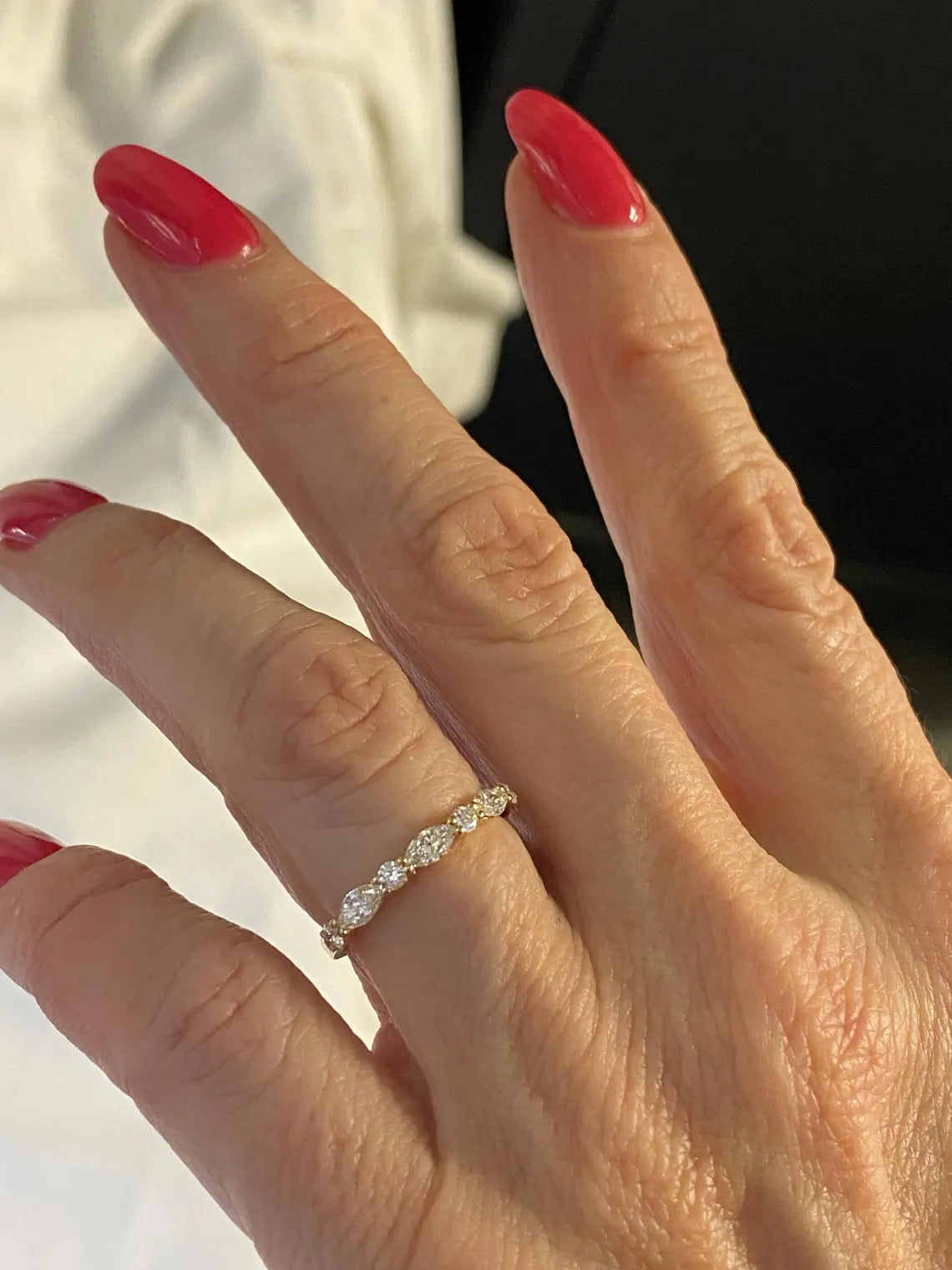 0.70 Carat Lab Grown Diamond Wedding Band, 14K Gold Marquise and Round Cut Ring