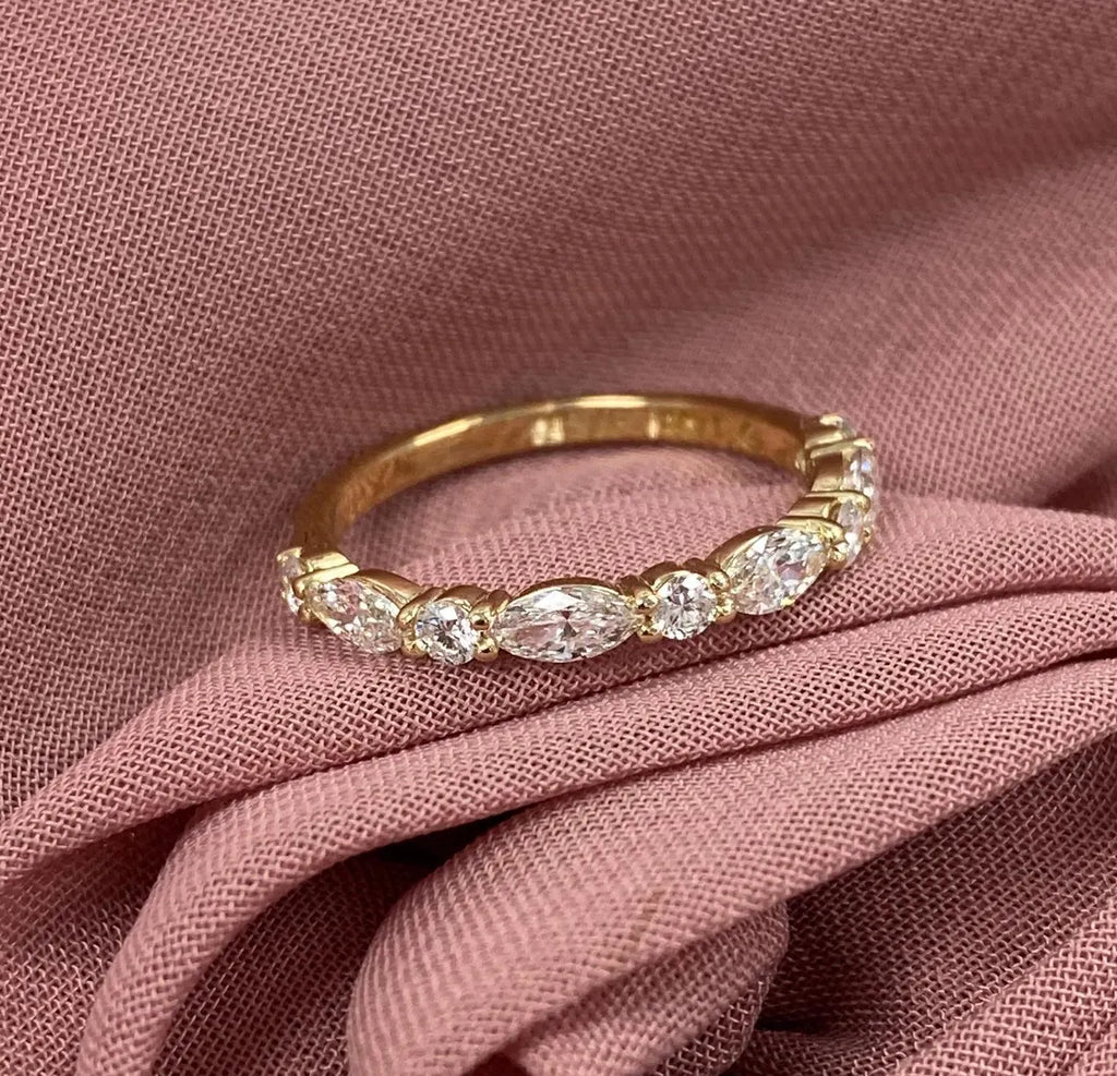 0.70 Carat Lab Grown Diamond Wedding Band, 14K Gold Marquise and Round Cut Ring