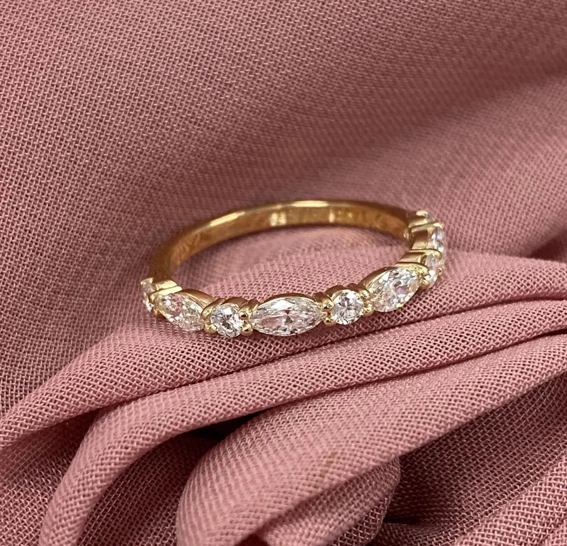0.70 Carat Lab Grown Diamond Wedding Band, 14K Gold Marquise and Round Cut Ring
