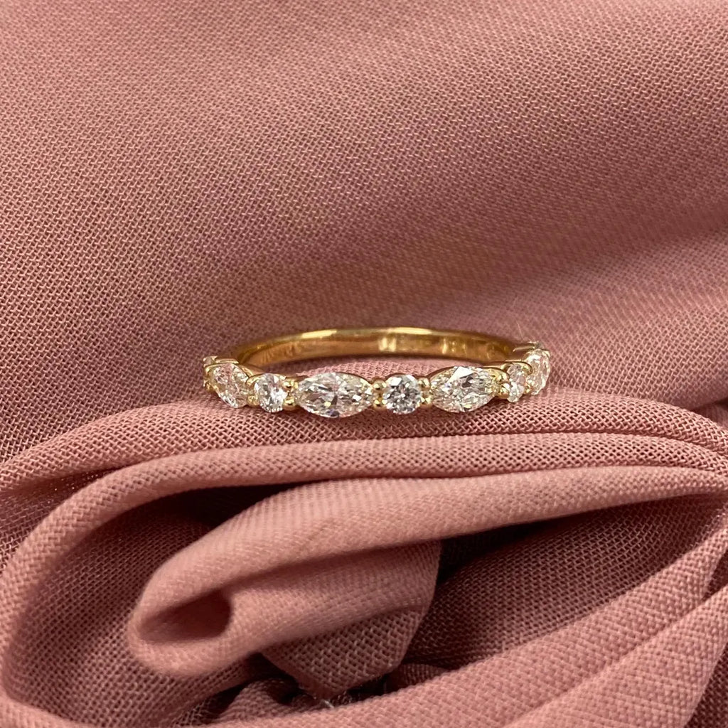 0.70 Carat Lab Grown Diamond Wedding Band, 14K Gold Marquise and Round Cut Ring