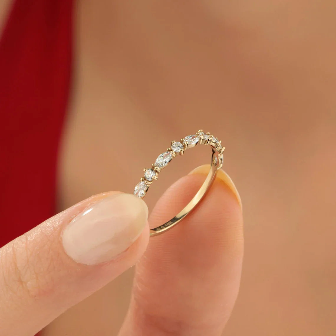 14k Solid Gold Marquise Band Ring, Unique Marquise Ring, Half Eternity Marquise Moissanite Wedding Band, Vintage Wedding Band Stacking Ring