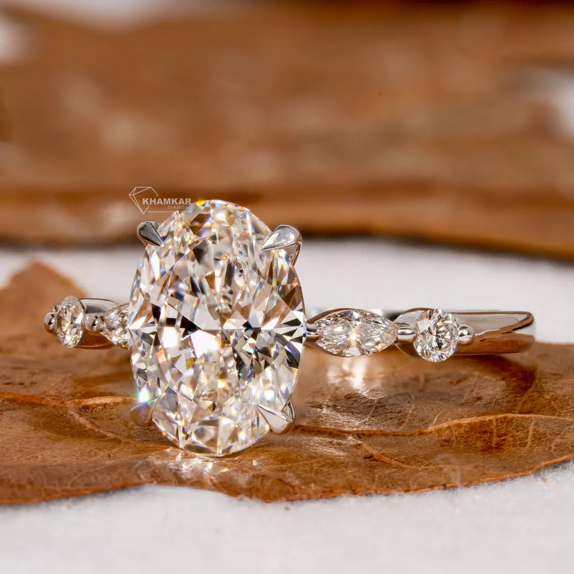 2.00Ct Oval Cut Lab Grown Diamond Engagement Ring,Side Marquise and Round Diamonds,Wedding Ring For Her,5 Stone Ring,Anniversary Ring