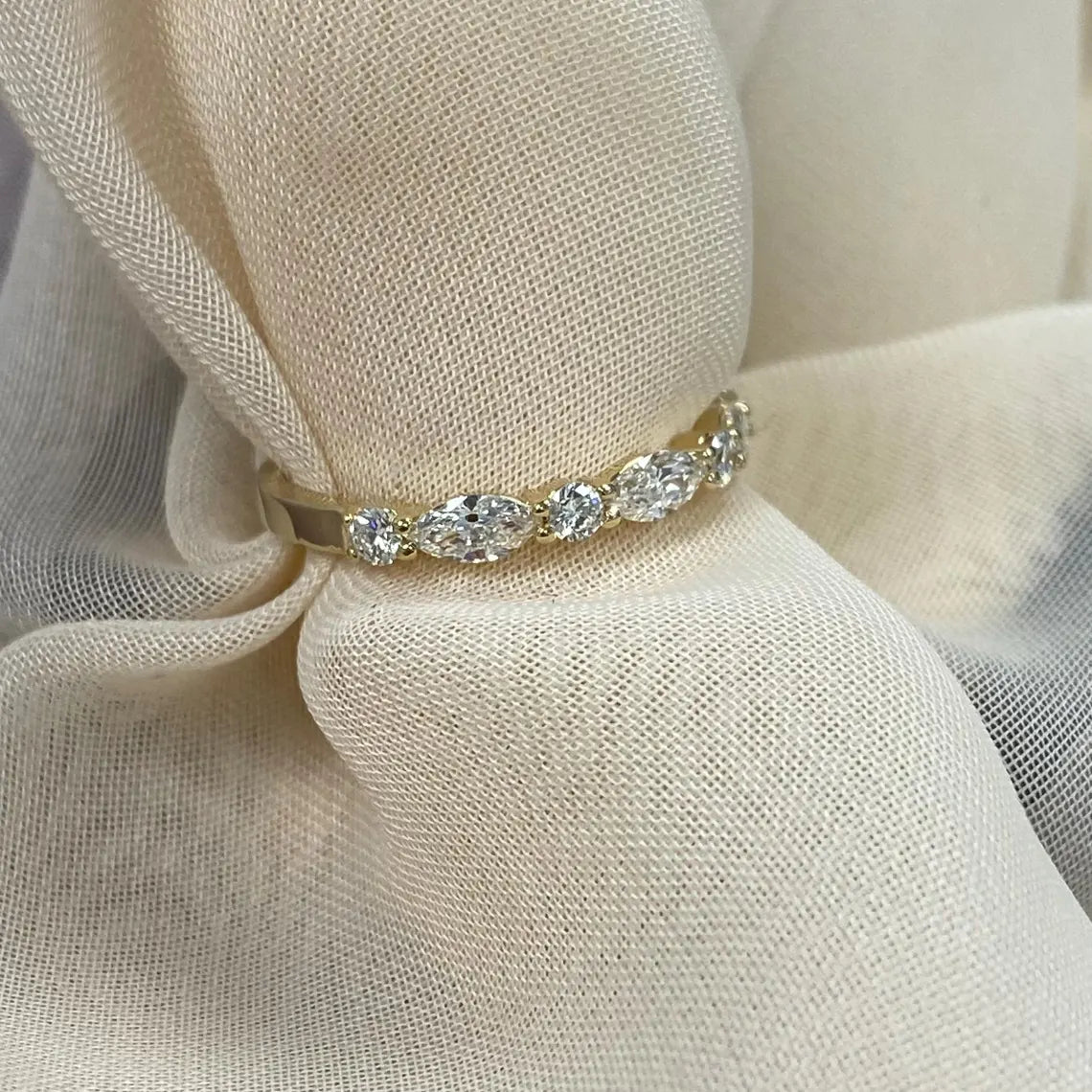 0.70 Carat Lab Grown Diamond Wedding Band, 14K Gold Marquise and Round Cut Ring