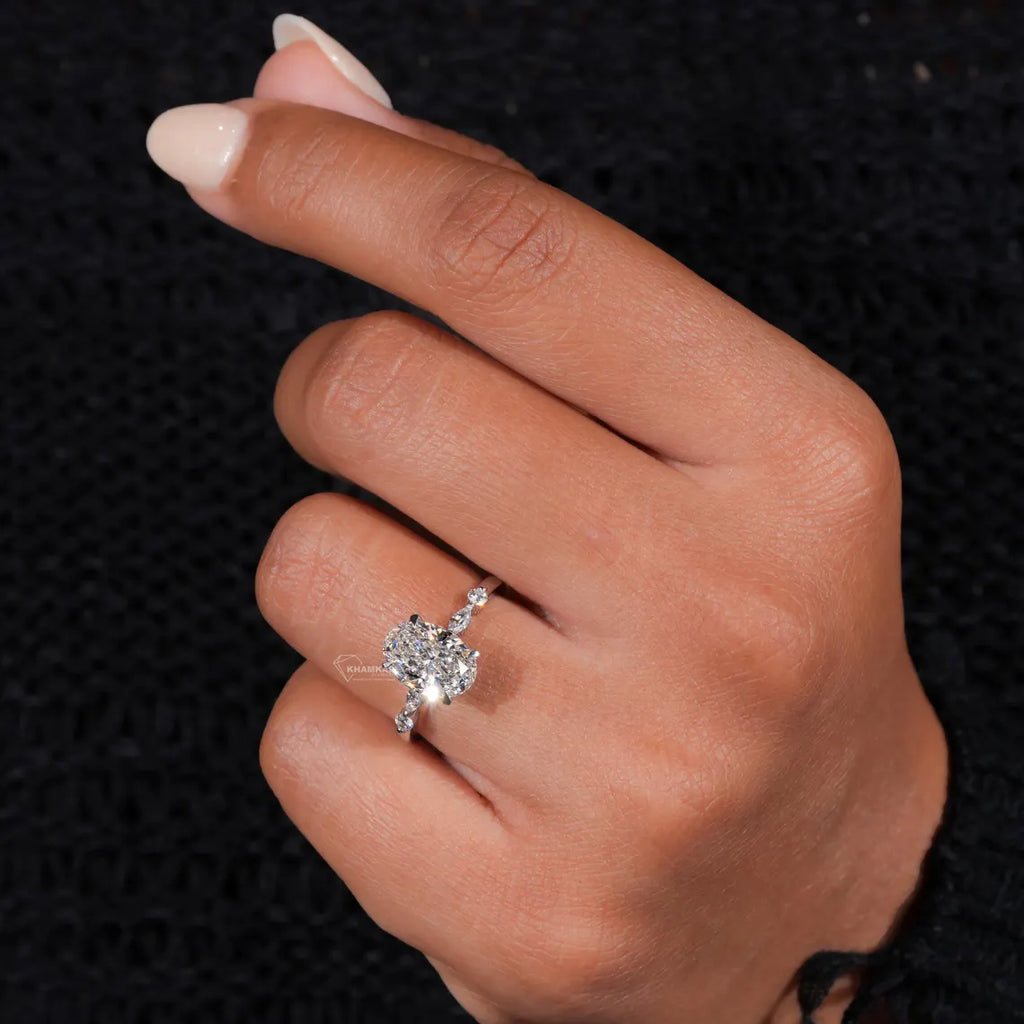 2.00Ct Oval Cut Lab Grown Diamond Engagement Ring,Side Marquise and Round Diamonds,Wedding Ring For Her,5 Stone Ring,Anniversary Ring