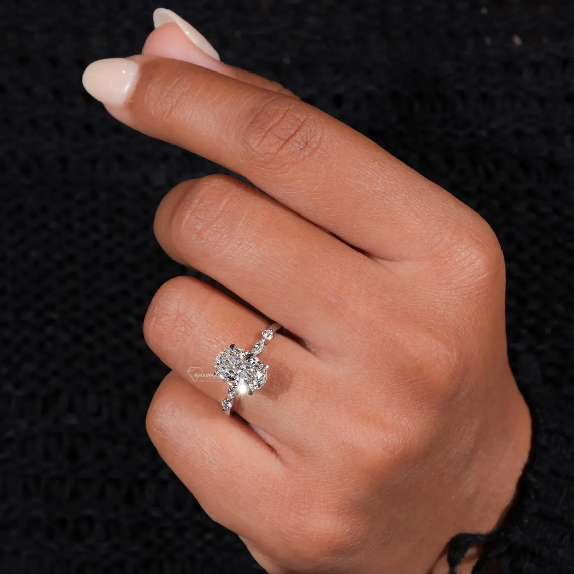 2.00Ct Oval Cut Lab Grown Diamond Engagement Ring,Side Marquise and Round Diamonds,Wedding Ring For Her,5 Stone Ring,Anniversary Ring
