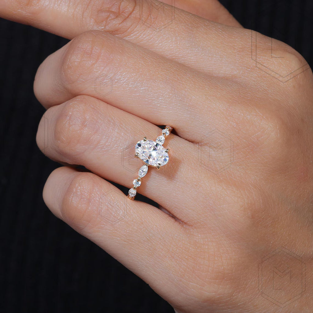 1.5 CT Oval Cut Moissanite Engagement Ring Marquise & Round Brilliant Cut Diamond Ring Bridal Ring Oval Cut Anniversary Promise Ring For Her