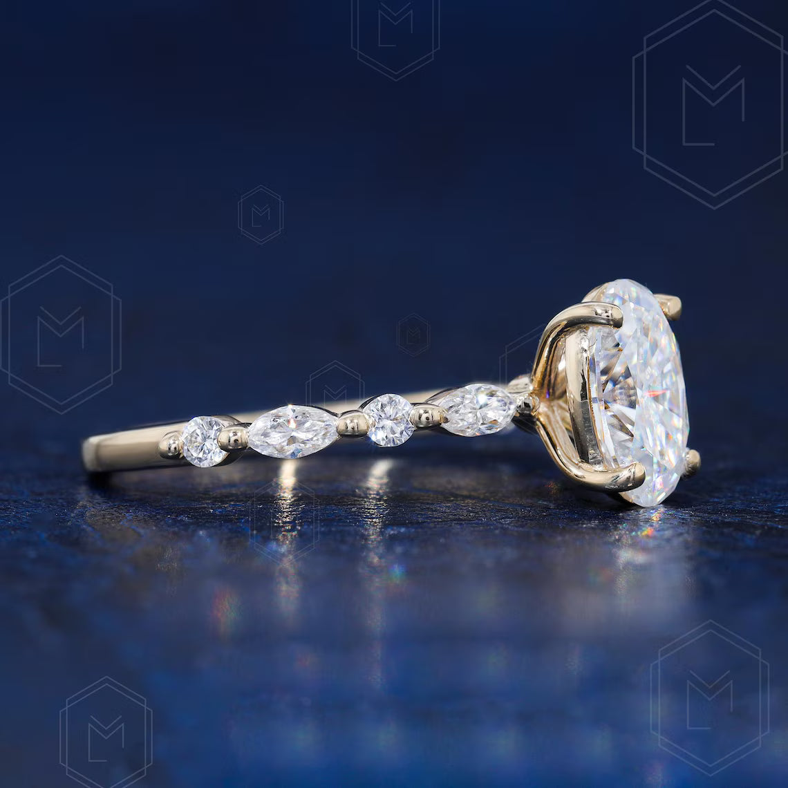 1.5 CT Oval Cut Moissanite Engagement Ring Marquise & Round Brilliant Cut Diamond Ring Bridal Ring Oval Cut Anniversary Promise Ring For Her