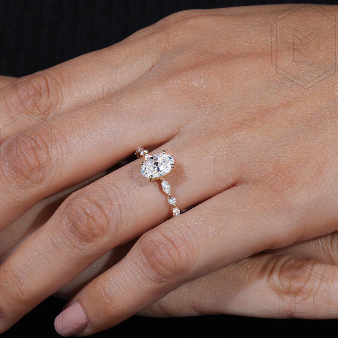 1.5 CT Oval Cut Moissanite Engagement Ring Marquise & Round Brilliant Cut Diamond Ring Bridal Ring Oval Cut Anniversary Promise Ring For Her