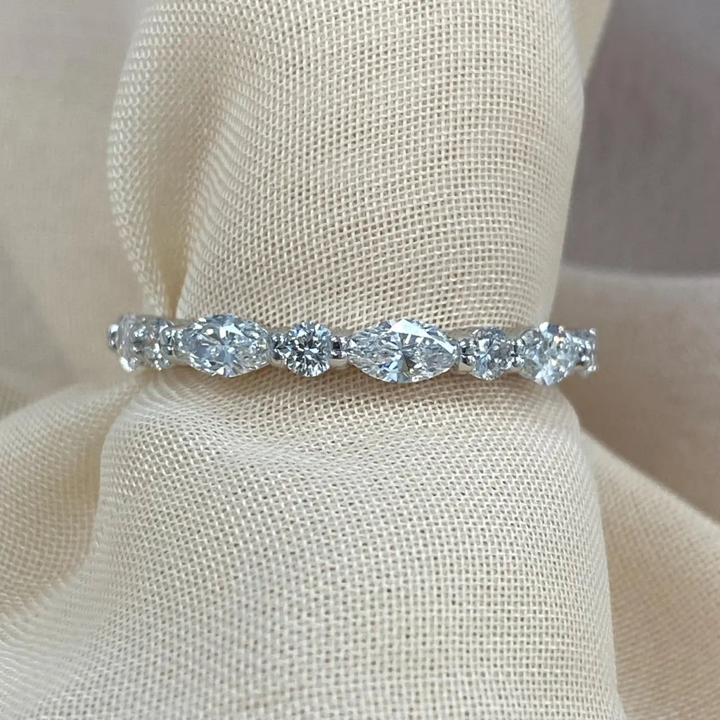 0.70 Carat Lab Grown Diamond Wedding Band, 14K Gold Marquise and Round Cut Ring