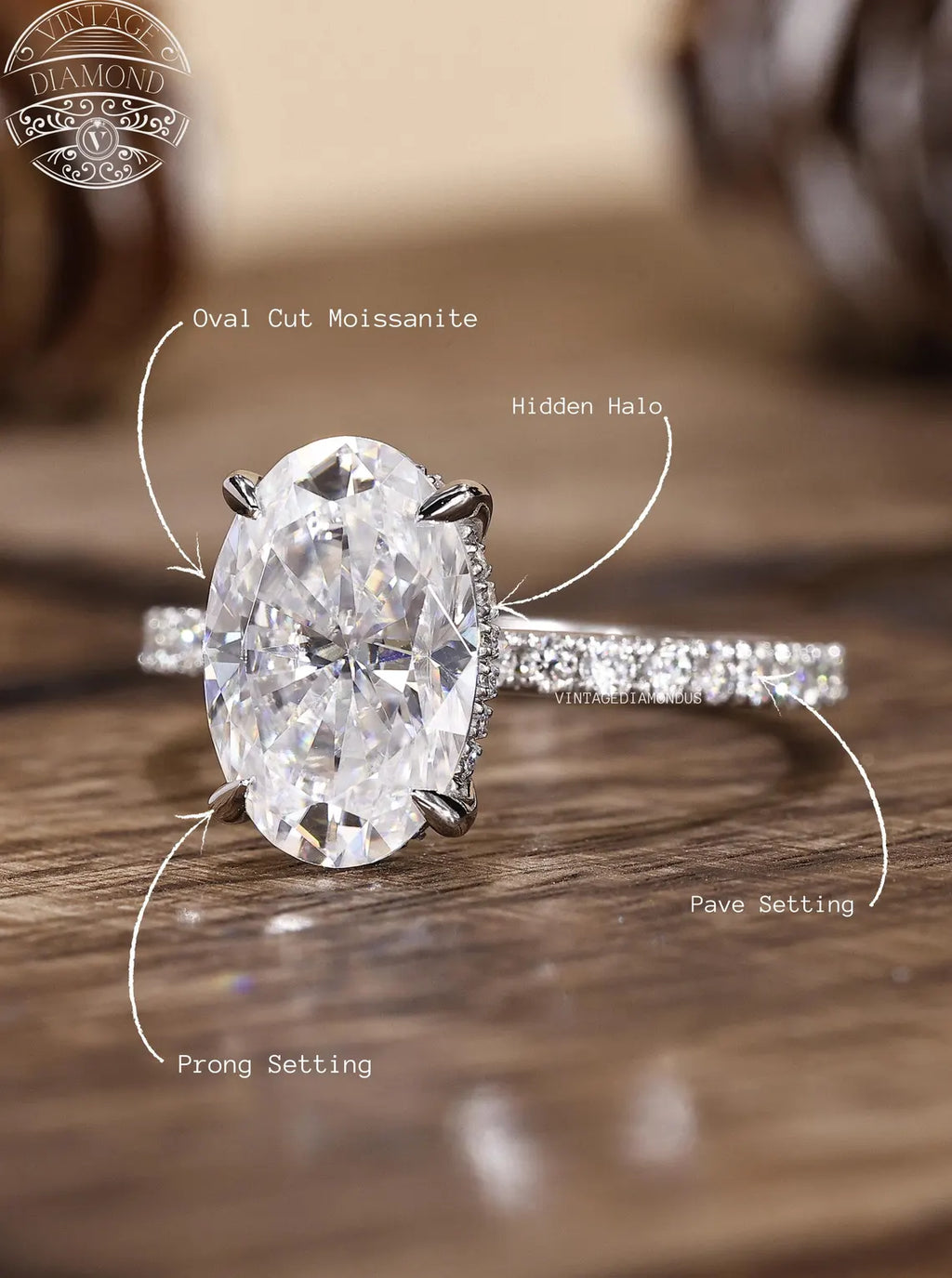 4.0CT Classic Vintage Style Oval Moissanite Ring, Oval Cut Solitaire Diamond Ring, Gorgeous Hidden Halo Anniversary Ring, White Gold Ring