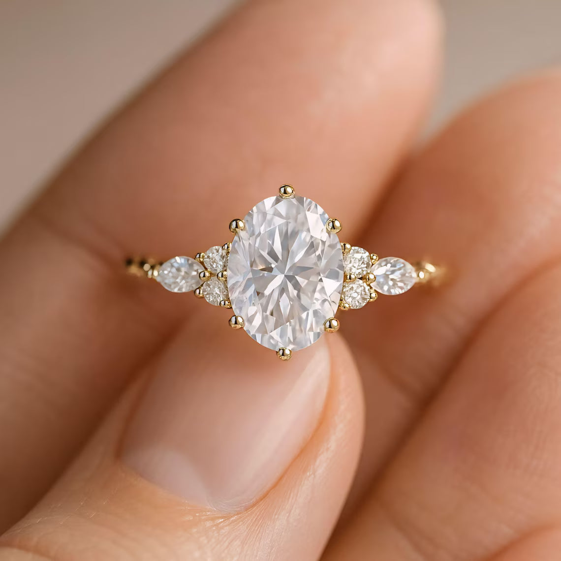 Oval cut Moissanite engagement ring vintage Unique Sterling Silver ring Solid gold Marquise cut diamond wedding Bridal ring Anniversary ring