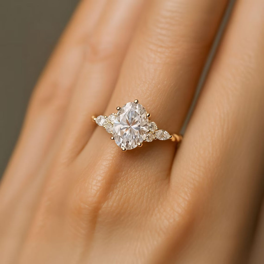 Oval cut Moissanite engagement ring vintage Unique Sterling Silver ring Solid gold Marquise cut diamond wedding Bridal ring Anniversary ring