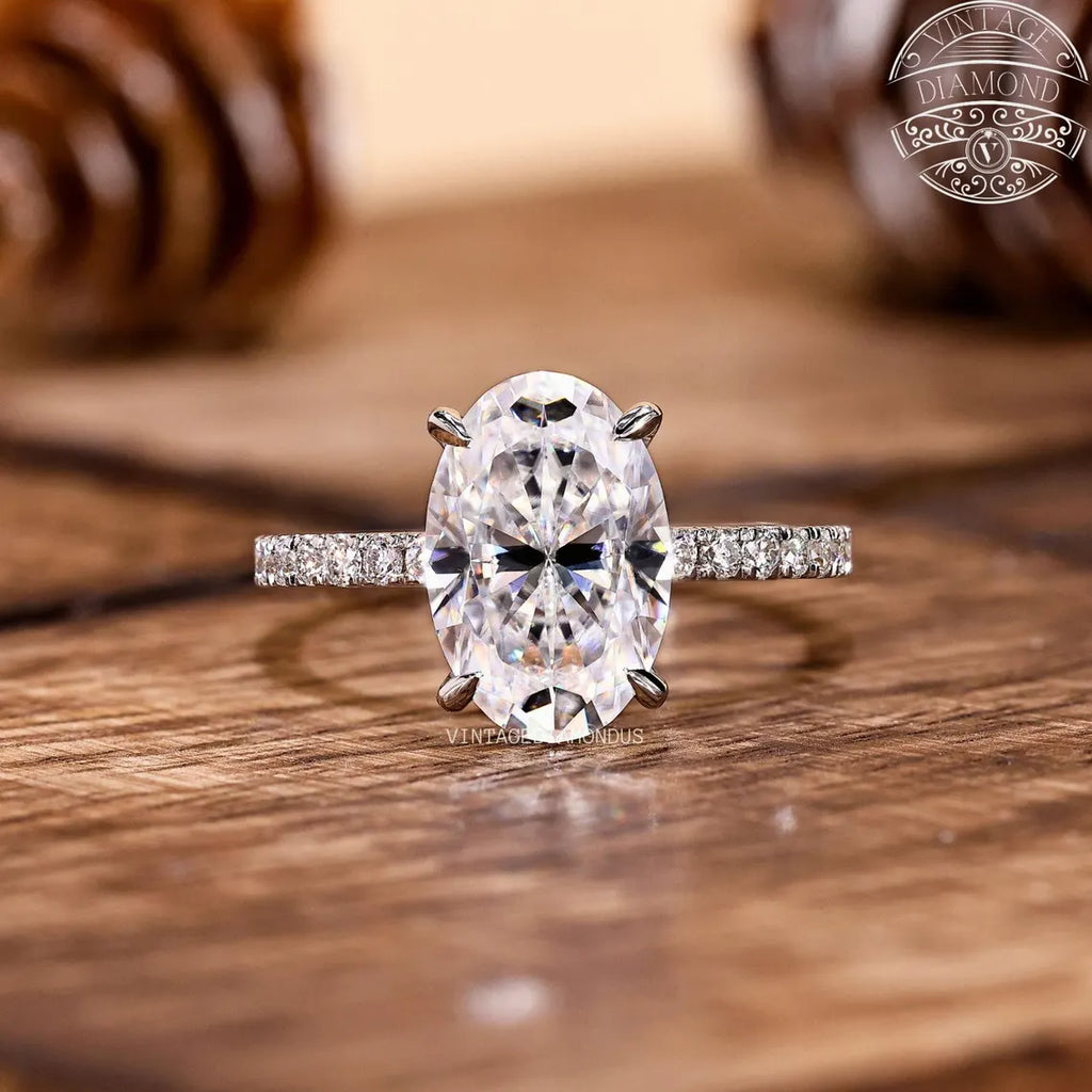 4.0CT Classic Vintage Style Oval Moissanite Ring, Oval Cut Solitaire Diamond Ring, Gorgeous Hidden Halo Anniversary Ring, White Gold Ring